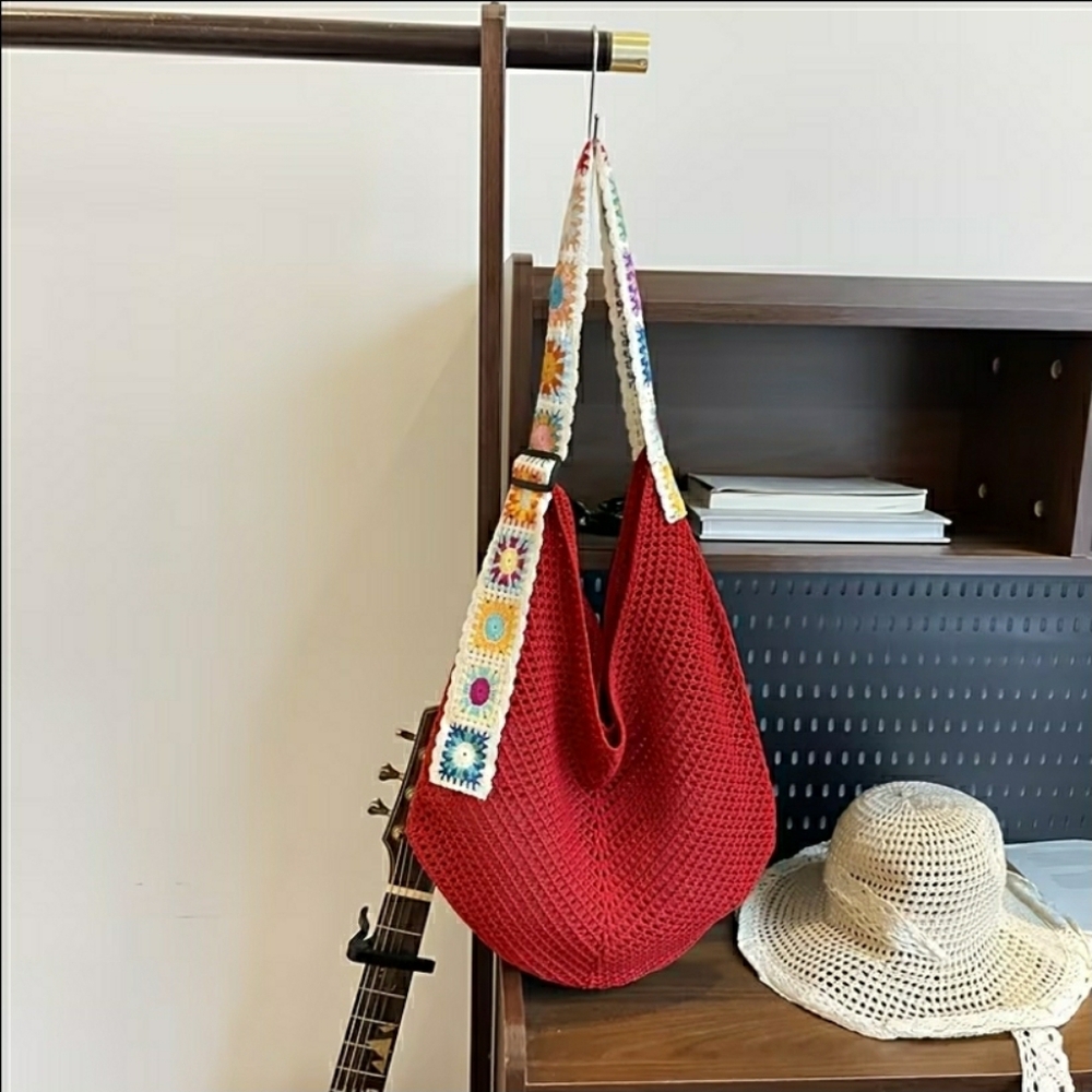 Knit Hobo Shoulder Bag w/ Crochet Strap (Multiple Colors Avail - Pick 1) - Picture 3 of 11